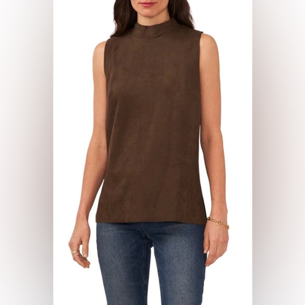 Vince Camuto Mock Neck Sleeveless Faux Suede Top Rich Chocolate Brown Small